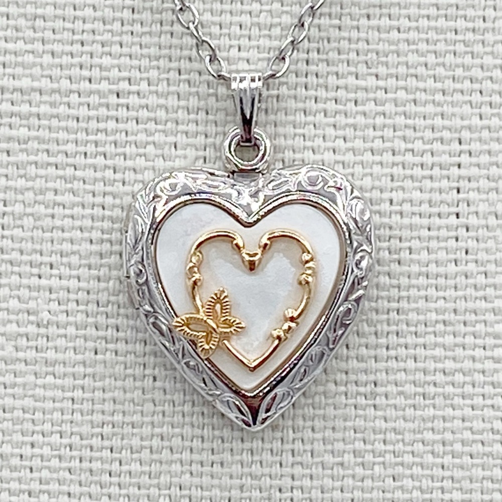 Sterling Silver Rhodium Plated Heart Locket On A Silver Tone Metal Necklace